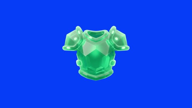 A glowing 3D animated green magic armor chestplate suit floating on a blue screen background. Ideal for fantasy action RPG video games, inventory item icons, protective equipment assets, and motion gr