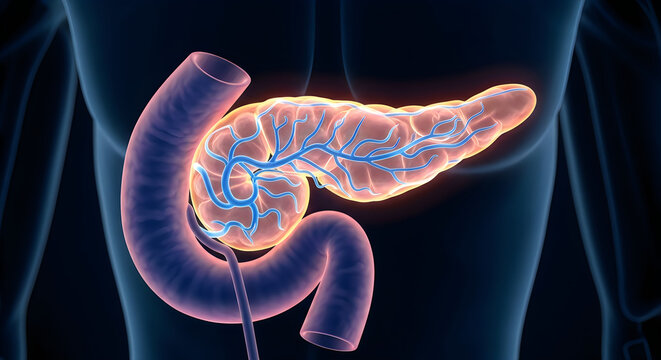 Anatomical illustration of the human pancreas and its internal duct system