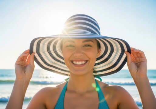 Woman holding large straw sun hat and smiling outdoors