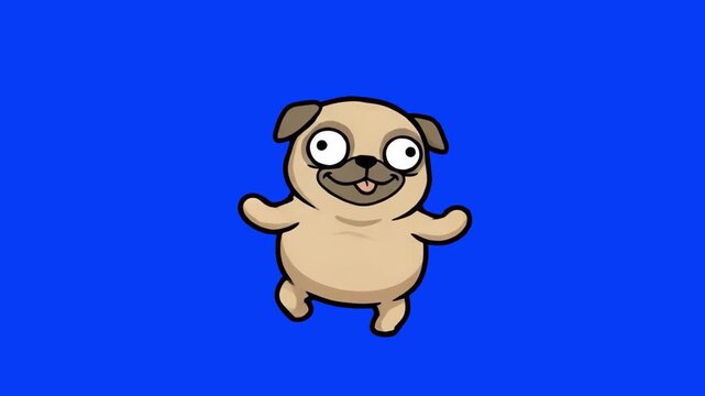 A cute 2D animated pug dog character dancing with open paws on a chroma key blue background. Ideal for funny dog videos, pet shop promotions, cartoon reaction clips, mobile game avatars, and keyable v