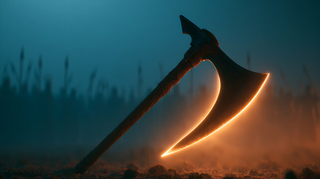 Medieval battle axe with a wooden handle and glowing blade rests on ground