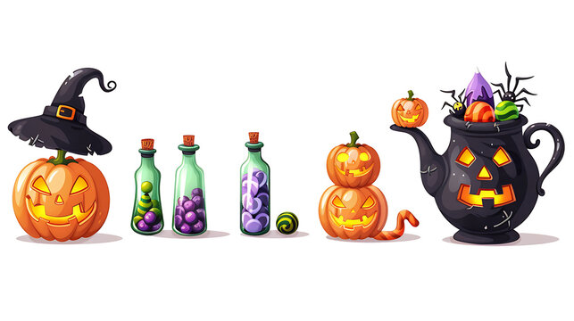 Sprite sheet of isolated Halloween elements featuring pumpkin pots witch hats and potion bottles on white