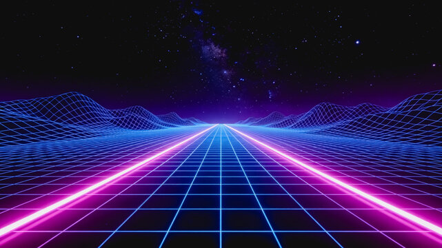 A retro-futuristic digital scene with neon grid road, wireframe hills, and starry space sky, rendered in vibrant blue and purple tones.