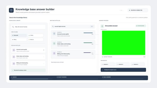 Knowledge base answer builder dashboard animation with AI-assisted responses, help center content, customer support articles and search tools on Background Green Screen for chroma key compositing
