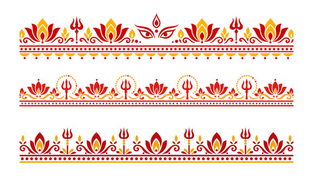 Durga Puja vector border set with traditional floral motifs and trishul symbols for Indian festive