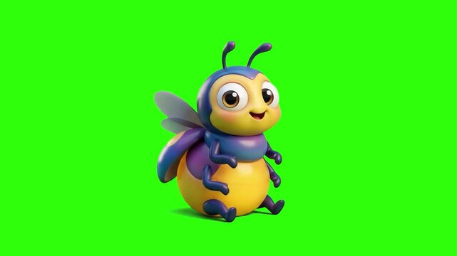 A cute 3D animated blue and yellow bug firefly character sitting happily on a chroma key green background. Suitable for children's stories, insect animations, nature promos, and cartoon mascot video o