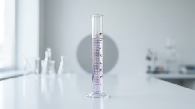 A laboratory measuring cylinder filled with purple liquid on a clean, bright white surface