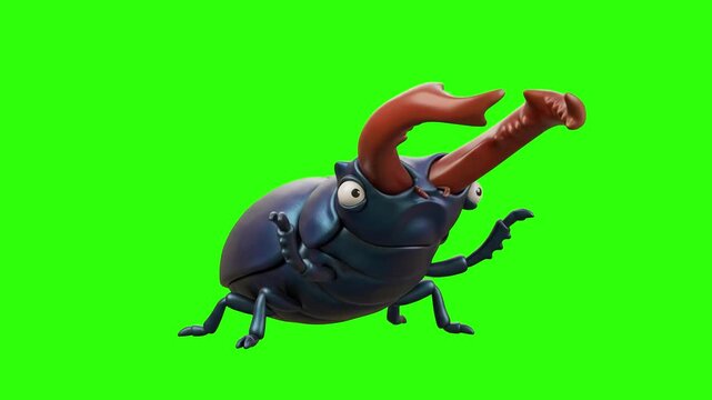 A cute 3D animated stag beetle character with large antlers on a chroma key green background. Ideal for nature education videos, insect animations, mobile game assets, kids learning apps, and keyable 