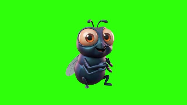 A cute 3D animated dark blue fly insect character rubbing its front legs with big curious eyes on a chroma key green background. Ideal for pest control promos, funny insect cartoons, kids learning vid