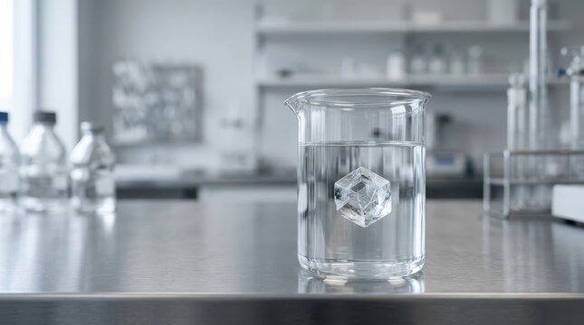 A scientific laboratory beaker holding clear liquid with a floating ice cube, showcasing a science experiment.
