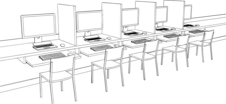 Computer lab or call center interior sketch showing row of individual workstations with monitors keyboards and chairs