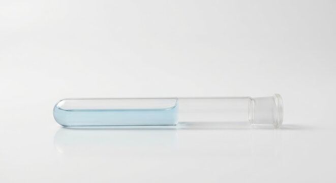 A transparent test tube containing pale blue liquid, isolated on a clean white surface, representing scientific experimentation and research.