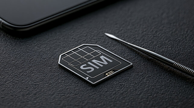 Sim card and metal ejector tool rest on a dark textured surface