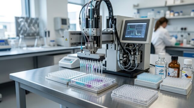 Advanced automated liquid dispenser precisely processing samples in a modern laboratory setting