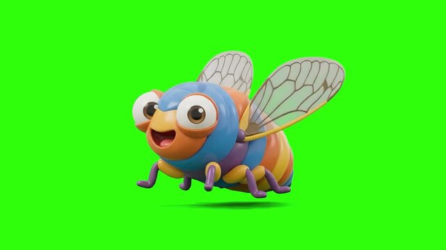 A cute 3D animated blue and yellow insect fly character with large eyes and transparent wings hovering on a chroma key green background. Suitable for nature animations, children's educational content,