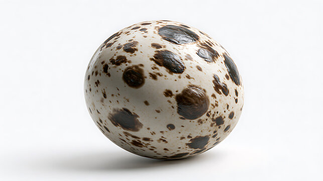 Speckled quail egg rests against a plain white background