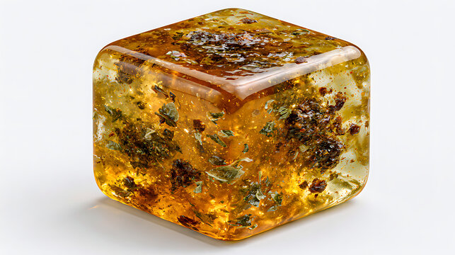 Translucent amber bouillon cube with embedded herbs rests on a white surface
