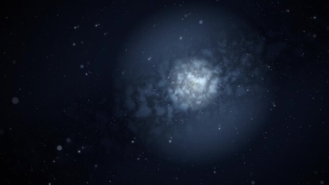 Mesmerizing cinematic motion of a vibrant blue galaxy expanding and moving through starlit deep space