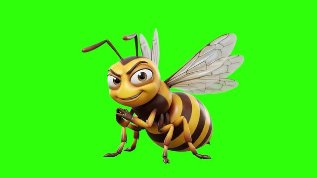 A 3D animated yellow and black striped wasp bee character hovering with a confident smile on a chroma key green background. Suitable for nature animations, pest control commercials, children's educati