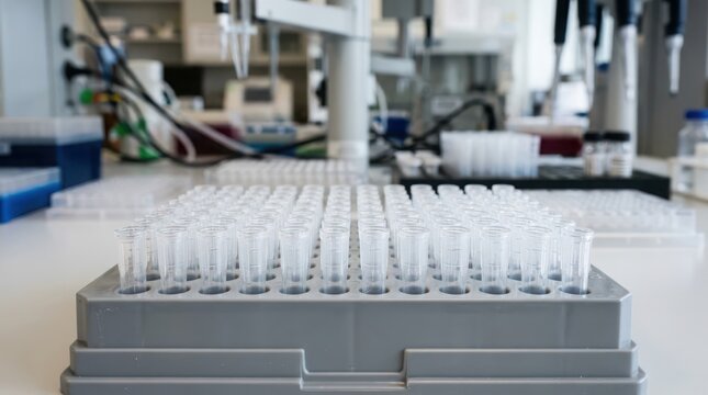 Advanced laboratory equipment with racks of sample tubes and automated dispensing system for scientific research and medical analysis