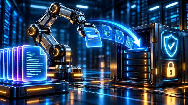Robotic arm transferring digital documents to secure server rack with glowing icons of shield and padlock representing data security and automation in data centers.