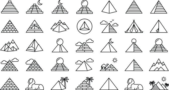 Egyptian pyramids and ancient monuments line icon set featuring sphinx camel palm trees mountains and sun symbols
