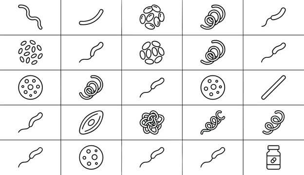 Microbiology line icons set showing different bacteria shapes types microbes cells structures grid arrangement vector illustration