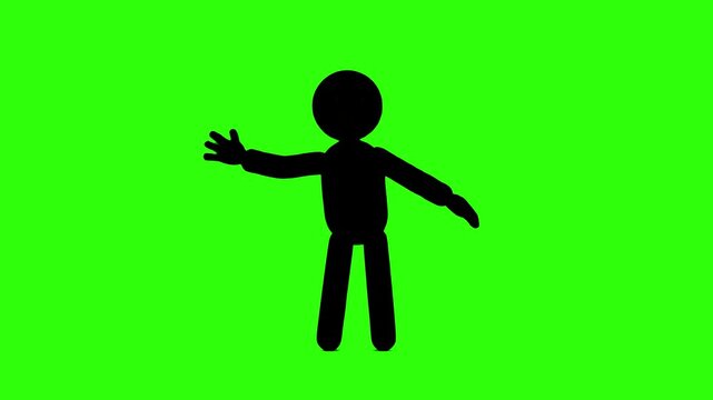 A simple black stickman human silhouette waving its hand on a chroma key green background. Ideal for pictogram animations, user interface icons, basic human actions, and video editing motion assets.