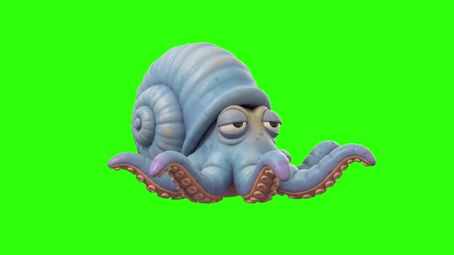 A cute 3D animated blue nautilus octopus creature with a big shell crawling on a chroma key green background. Great for prehistoric animal animations, marine life documentaries, ocean games, fantasy c