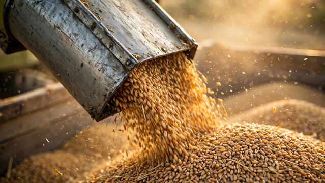 Close up detail of combine harvester unloading chute pouring fresh wheat grains into trailer, agriculture machinery transferring harvest crop for food production and farming industry