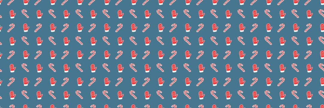 Seamless pattern with red knitted mittens and candy canes. Cozy wool gloves and candy background. Winter, Christmas or New Year design for scrapbooking or wrapping paper.