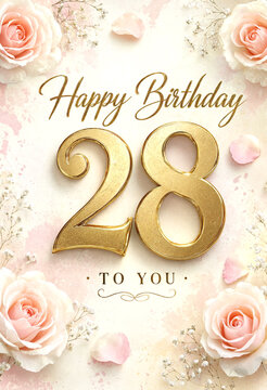 Elegant birthday card design featuring golden numbers twenty eight with roses
