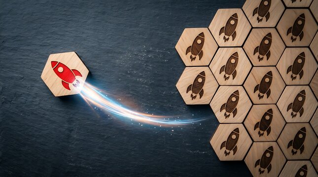 Red rocket launching from a group of wooden hexagons