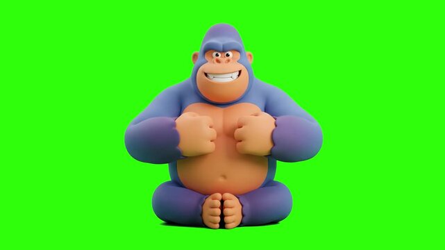 A 3D animated blue gorilla character sitting and beating its chest confidently on a chroma key green background. Ideal for gym promos, funny reaction clips, mobile game mascots, wild animal animations