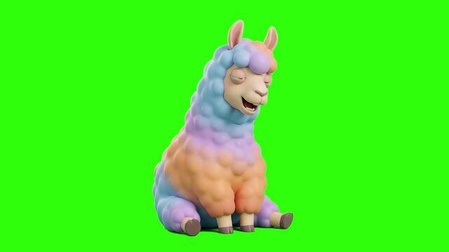 A cheerful 3D animated pastel rainbow llama character sitting happily on a chroma key green background. Perfect for fantasy animal animations, children's entertainment, colorful mascot stories, and pl