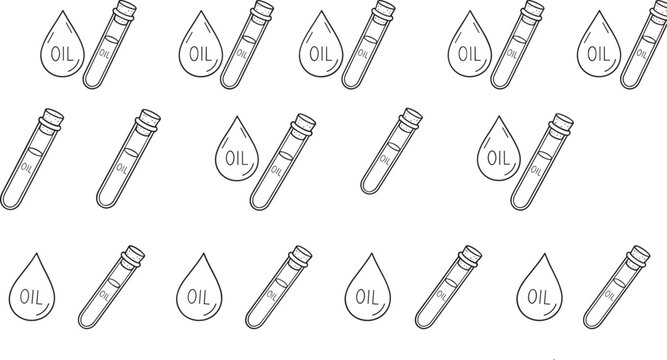 Petroleum chemistry testing seamless pattern background with thin line icons of oil drops and laboratory test tubes