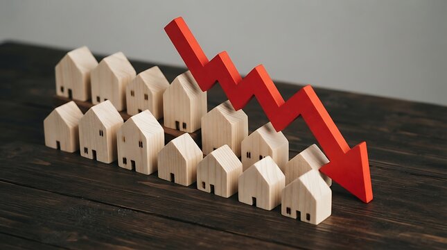 Wooden model houses with a red downward trend arrow