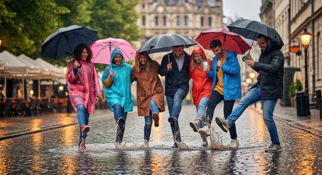 Happy diverse group of friends wearing colorful raincoats and holding umbrellas while splashing and having fun on a rainy city street