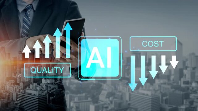 Businessman Using Smartphone with AI Graphs Showing Quality Improvement and Cost Reduction Overlaid on City Skyline Background Gluon.