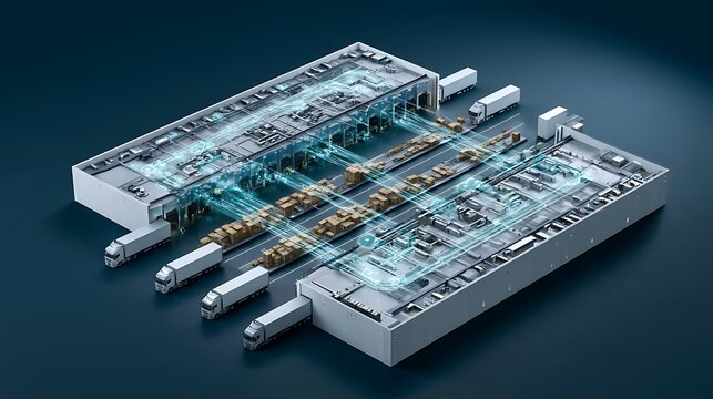 AI optimized cross docking logistics hub, realistic cutaway isometric warehouse with inbound trucks on one side and outbound trucks on the opposite side