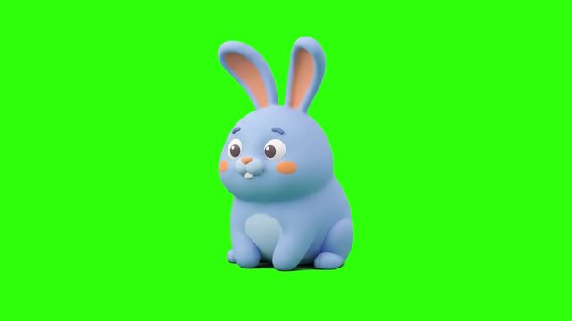 A cute 3D animated blue bunny rabbit character sitting comfortably and smiling on a chroma key green background. Ideal for Easter promotions, kids mobile games, cute animal animations, cartoon avatars