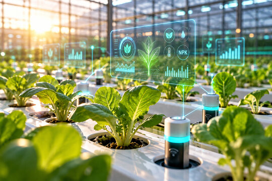 AI generated young vegetable seedlings hydroponic channels digital plant health analytics smart sensors greenhouse automation for precision sustainable agriculture