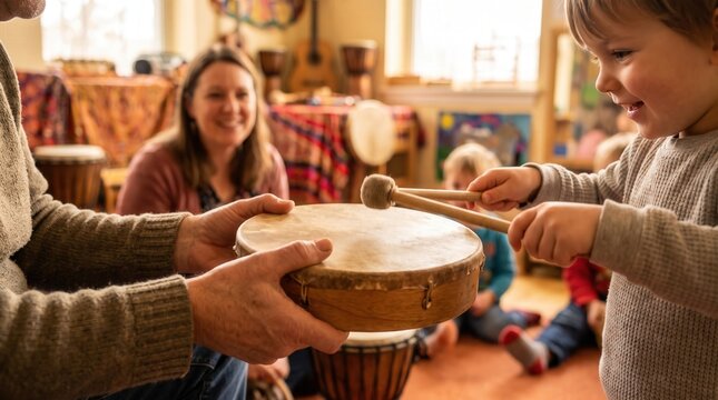 Young boy playing a hand drum held by a music teacher, capturing the joy of early childhood music education and creative development for preschool marketing and daycare brochures.