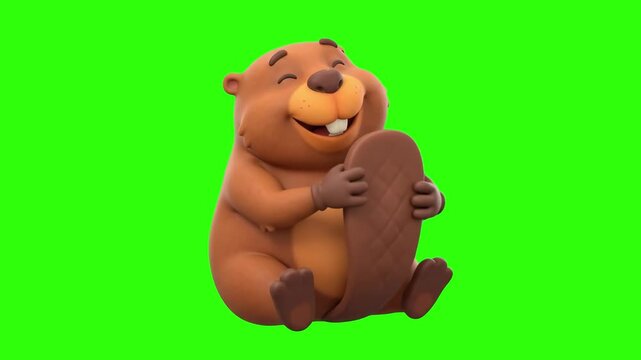 A cute 3D animated beaver character sitting and holding its large flat tail while laughing happily on a chroma key green background. Ideal for forest animal animations, children games, funny video ove
