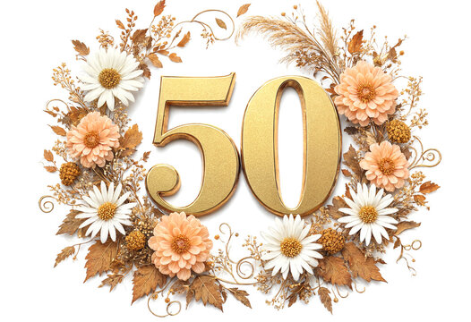 Golden decorative fifty number surrounded by autumn flowers and greenery design