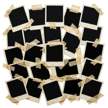 Collage of many vintage polaroid photo frames taped with masking tape isolated on transparent background