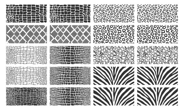 Monochrome animal print seamless texture collection featuring exotic reptile scales cheetah spots and zebra stripes vector illustration