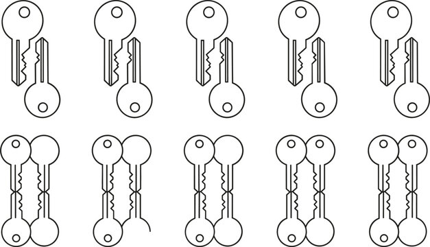 Metal key line icon set featuring different key pairs and arrangements for locking mechanisms security systems vector illustrations