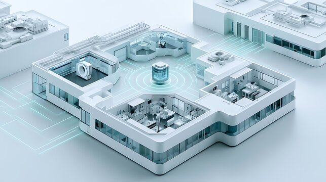 Healthcare AI agent orchestrating smart hospital operations, miniature modern hospital cutaway with clearly separated imaging room
