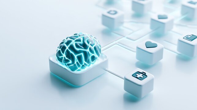 Healthcare AI agent represented by a luminous cyan intelligence core coordinating a modern medical network